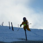 腕を上げてスキーを走らせようと前傾しています○